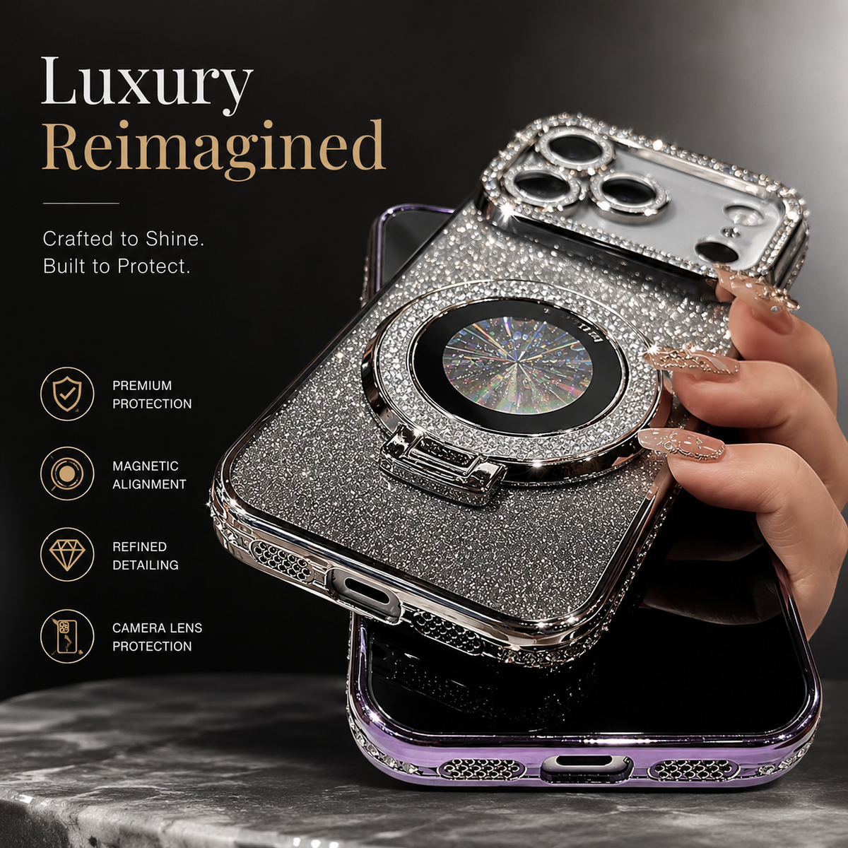 Premium iPhone Case MagSafe Bling Glitter Rhinestone Magnetic Ring Holder Plating Shockproof PC TPU Non Slip Protective Bumper Cover Case Design
