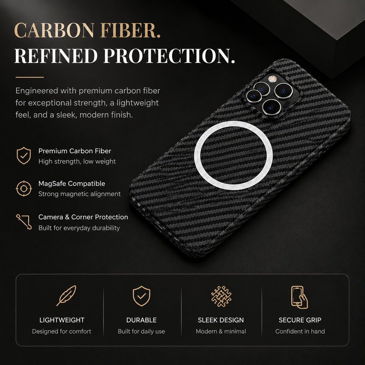 Premium iPhone Case MagSafe Carbon Fiber Magnetic Cover Shockproof Slim Lightweight Anti Scratch Camera Guard Non Slip Protective Case