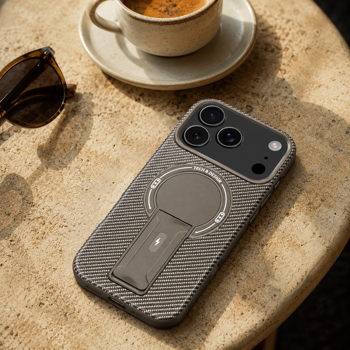 Premium iPhone Case MagSafe Carbon Fiber Pattern Magnetic Fold Stand Shockproof PC TPU Protective Cover Military Style Anti Scratch Non Slip Slim Armor