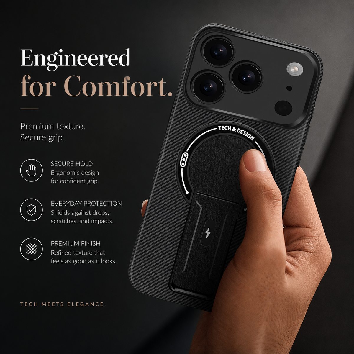 Premium iPhone Case MagSafe Carbon Fiber Pattern Magnetic Fold Stand Shockproof PC TPU Protective Cover Military Style Anti Scratch Non Slip Slim Armor