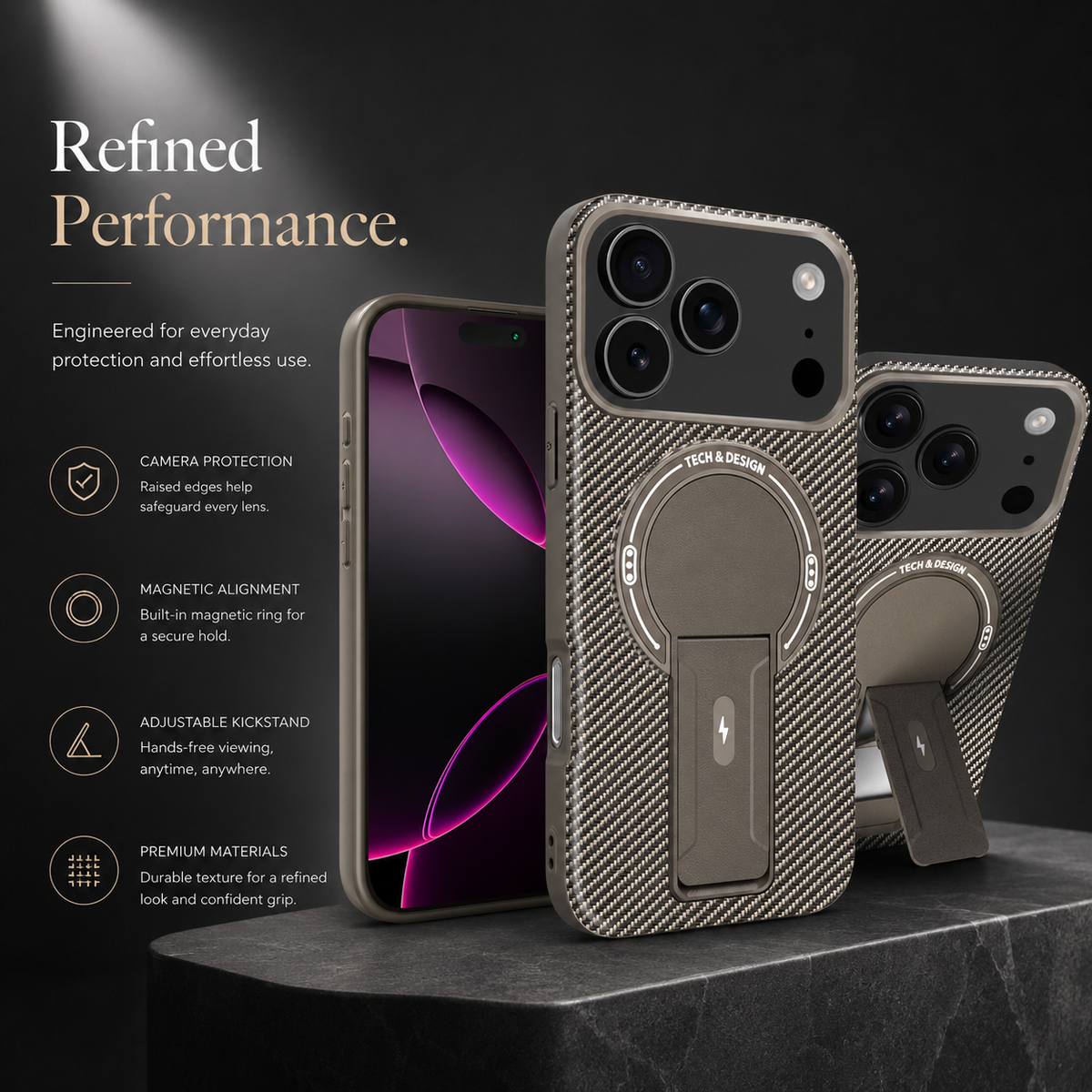 Premium iPhone Case MagSafe Carbon Fiber Pattern Magnetic Fold Stand Shockproof PC TPU Protective Cover Military Style Anti Scratch Non Slip Slim Armor