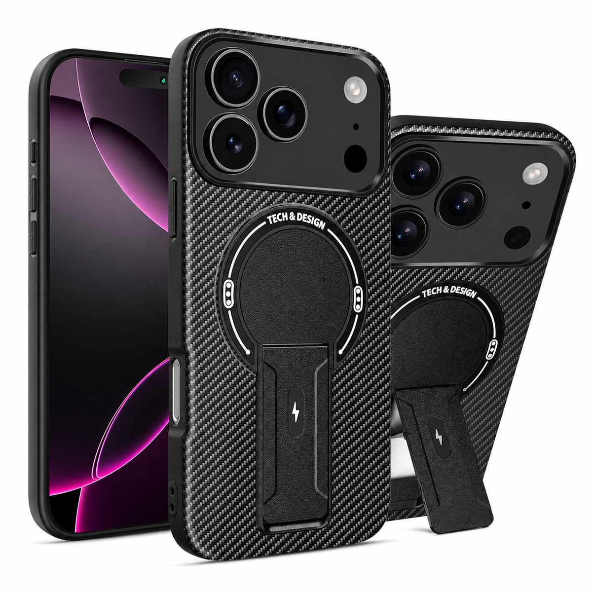 Premium iPhone Case MagSafe Carbon Fiber Pattern Magnetic Fold Stand Shockproof PC TPU Protective Cover Military Style Anti Scratch Non Slip Slim Armor