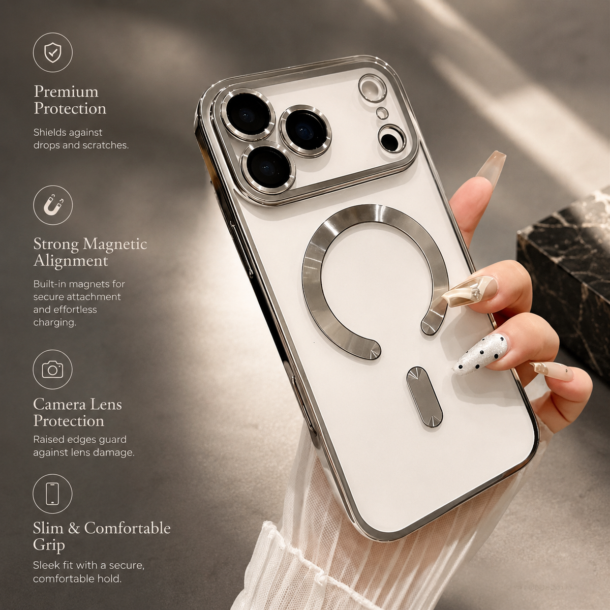 Premium iPhone Case MagSafe Clear Magnetic Plating Protective Cover Shockproof Bumper Anti Scratch Slim Transparent Wireless Charging Reinforced Edge