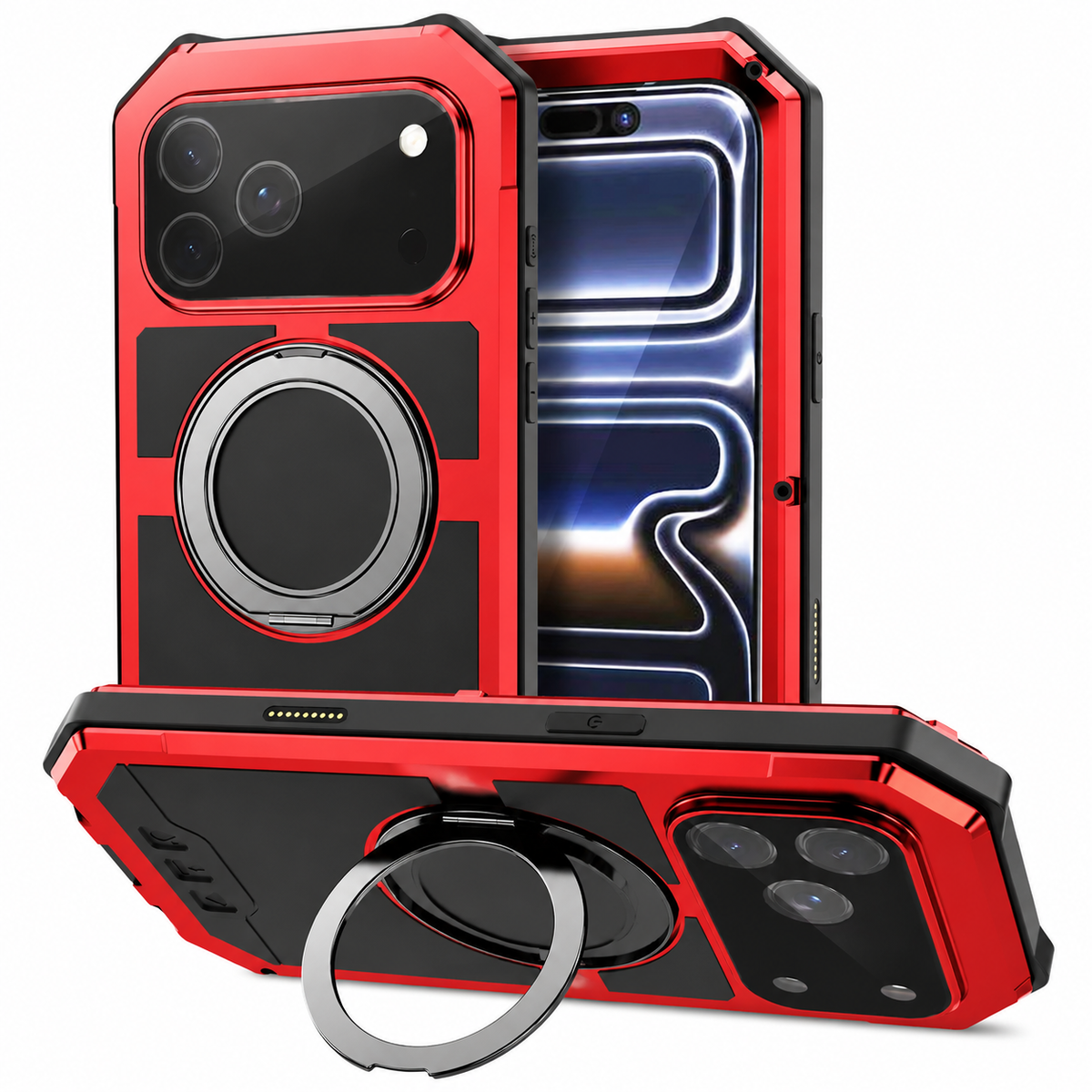 Premium iPhone Case MagSafe Compatible Aluminum Armor Frame Shockproof Protective Cover Built-In Kickstand Glass Screen Protector Camera Lens Guard Full Protection