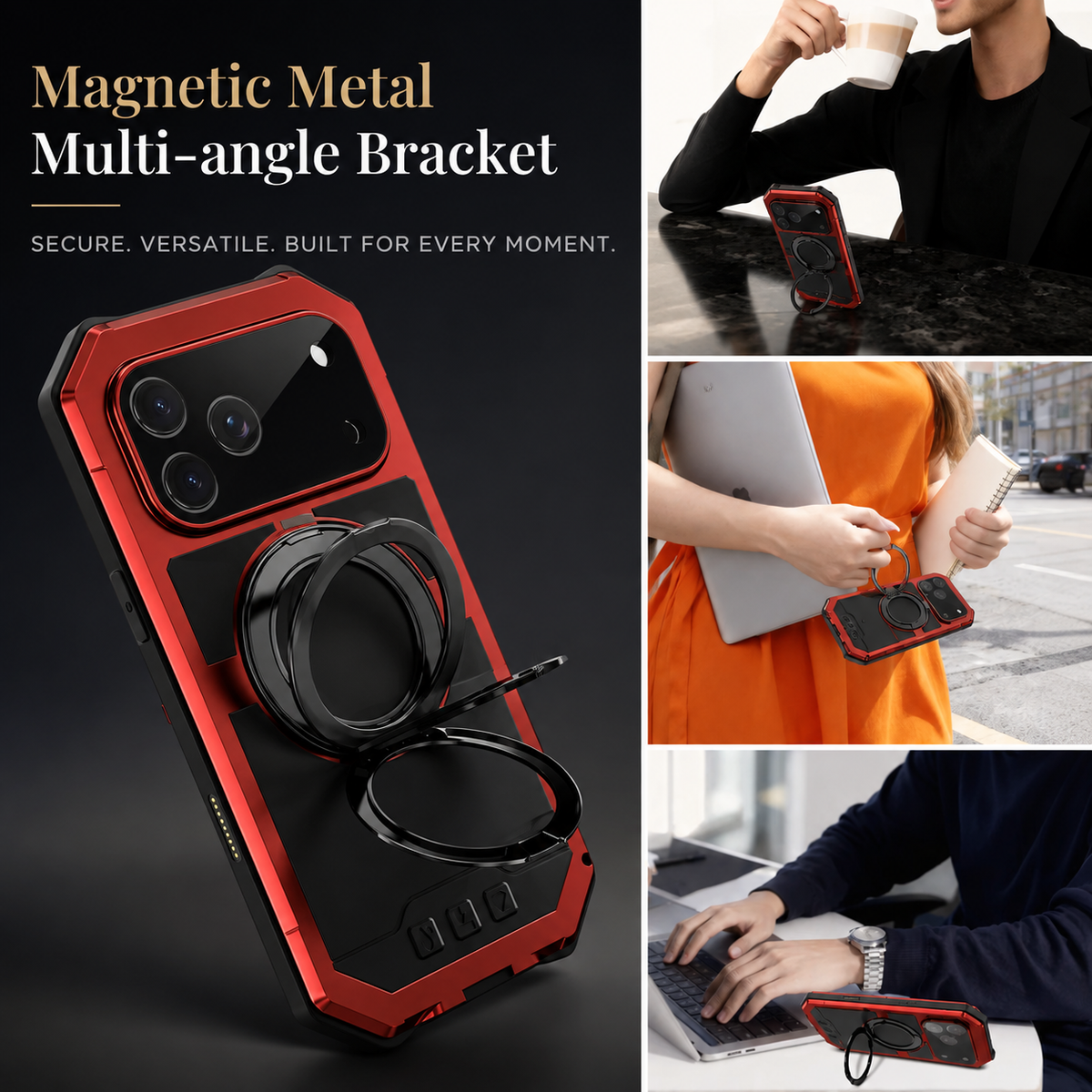 Premium iPhone Case MagSafe Compatible Aluminum Armor Frame Shockproof Protective Cover Built-In Kickstand Glass Screen Protector Camera Lens Guard Full Protection