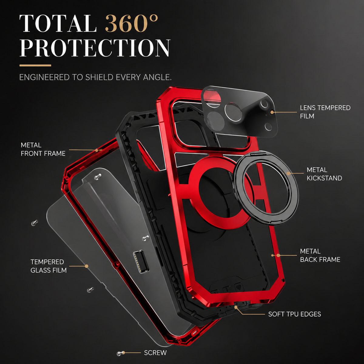 Premium iPhone Case MagSafe Compatible Aluminum Armor Frame Shockproof Protective Cover Built-In Kickstand Glass Screen Protector Camera Lens Guard Full Protection