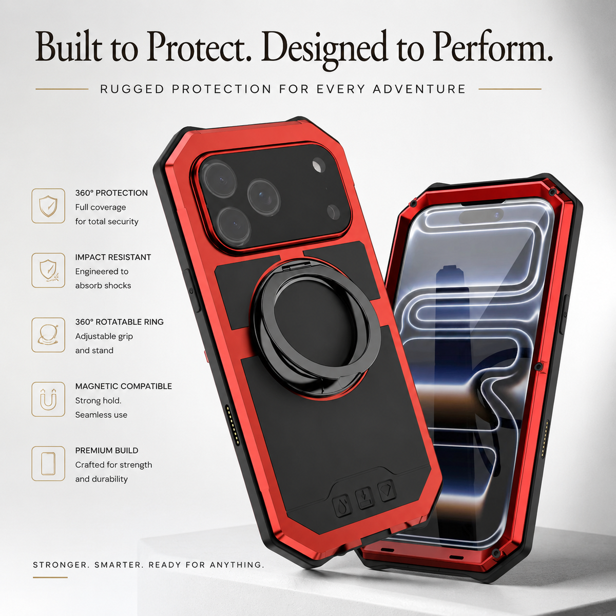 Premium iPhone Case MagSafe Compatible Aluminum Armor Frame Shockproof Protective Cover Built-In Kickstand Glass Screen Protector Camera Lens Guard Full Protection