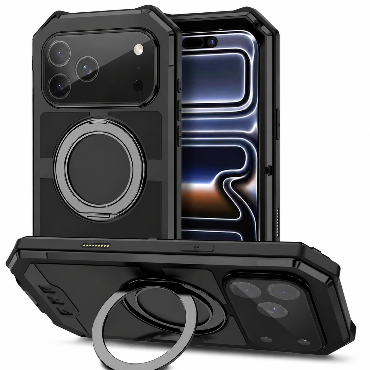 Premium iPhone Case MagSafe Compatible Aluminum Armor Frame Shockproof Protective Cover Built-In Kickstand Glass Screen Protector Camera Lens Guard Full Protection
