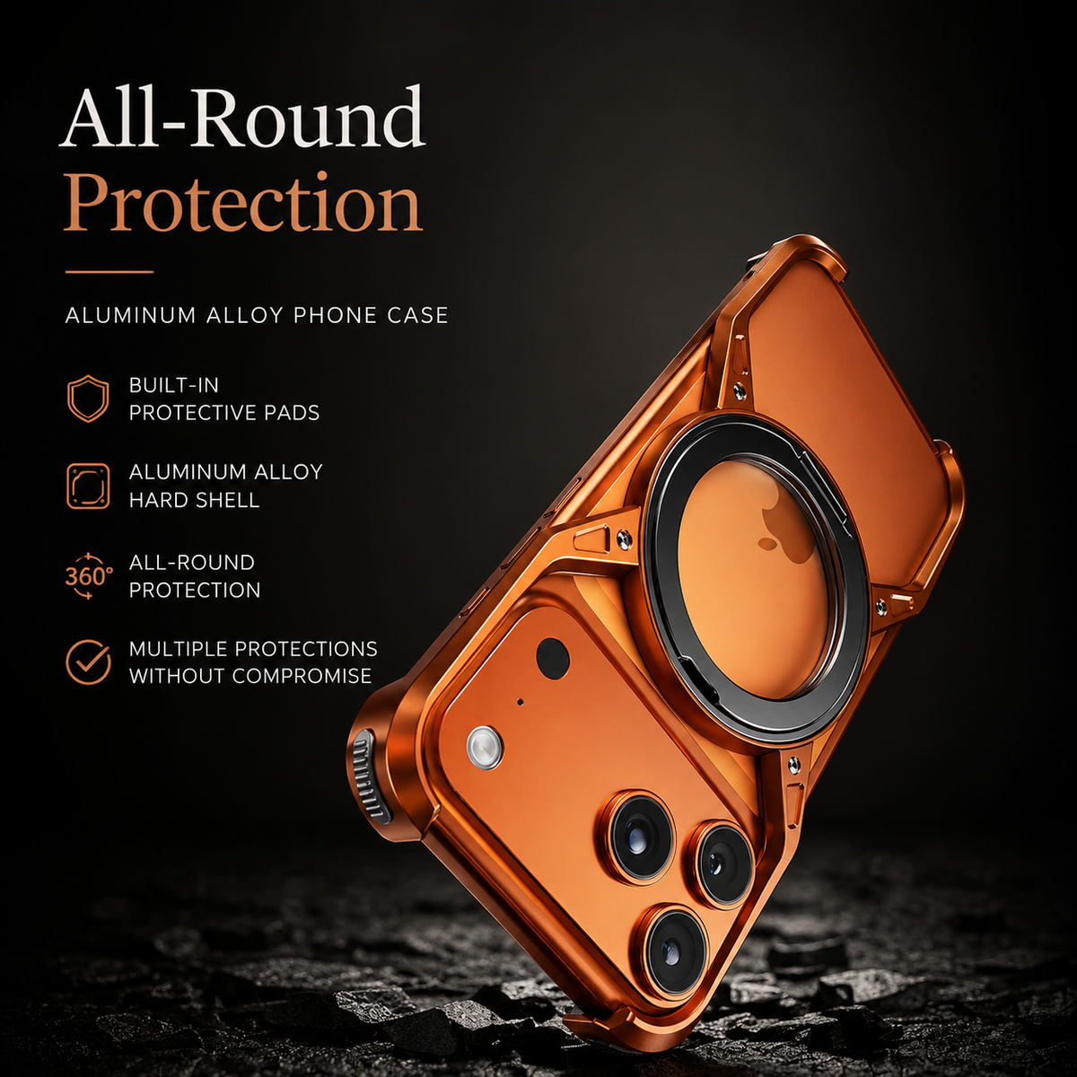 Premium iPhone Case MagSafe Compatible Aluminum Bumper 360° Rotating Ring Stand Shockproof Edge Protection Camera Lens Guard Slim Protective Cover Fit