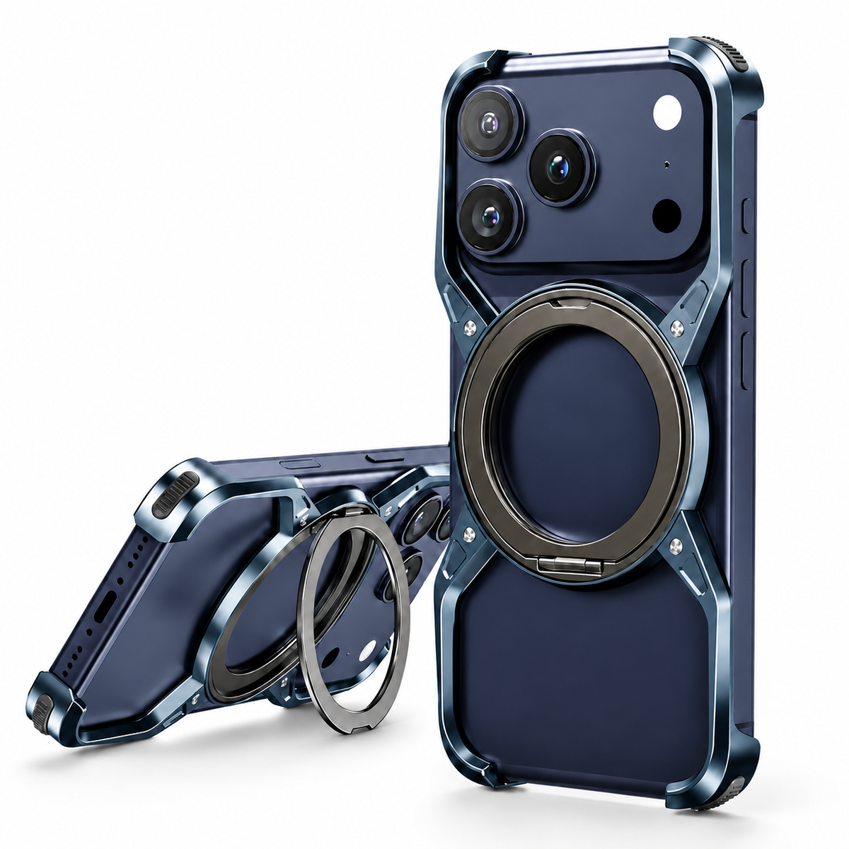 Premium iPhone Case MagSafe Compatible Aluminum Bumper 360° Rotating Ring Stand Shockproof Edge Protection Camera Lens Guard Slim Protective Cover Fit
