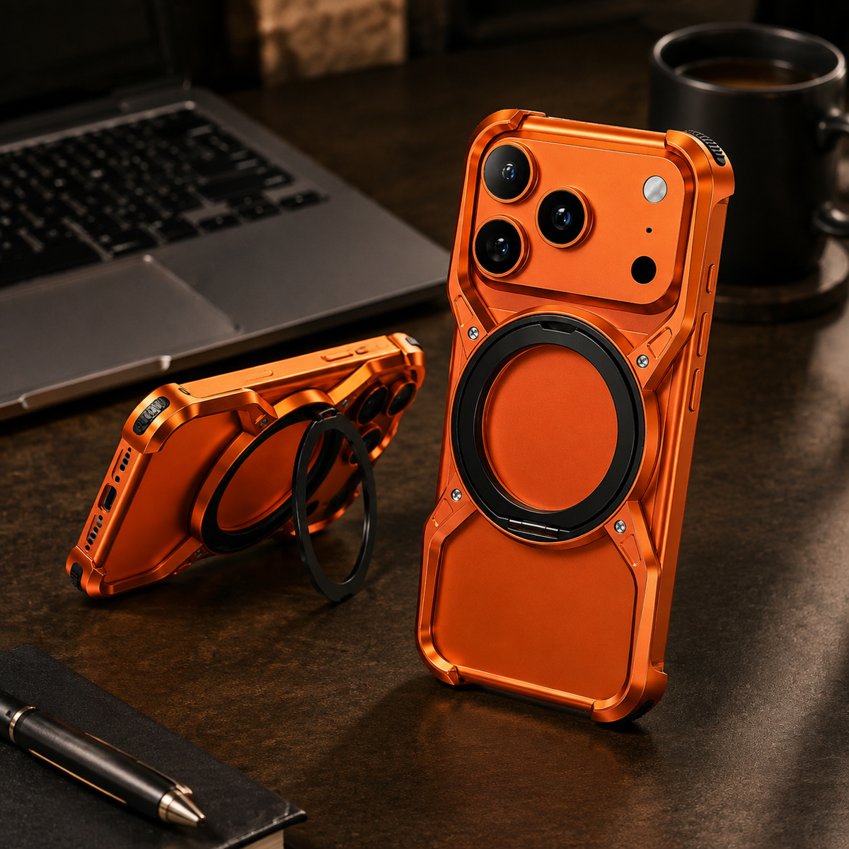 Premium iPhone Case MagSafe Compatible Aluminum Bumper 360° Rotating Ring Stand Shockproof Edge Protection Camera Lens Guard Slim Protective Cover Fit