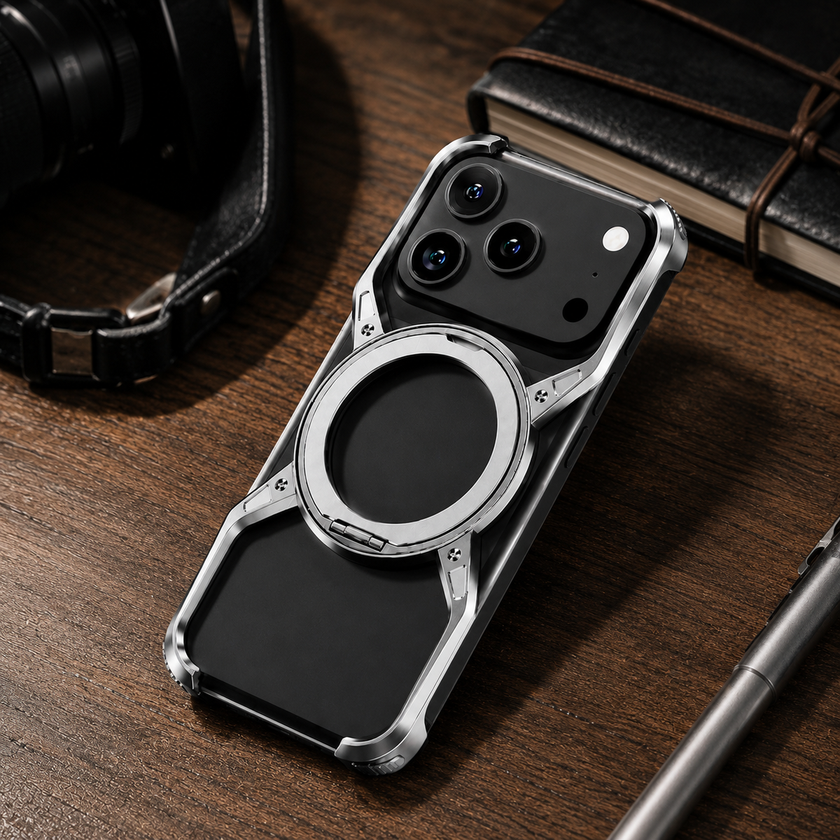 Premium iPhone Case MagSafe Compatible Aluminum Bumper 360° Rotating Ring Stand Shockproof Edge Protection Camera Lens Guard Slim Protective Cover Fit