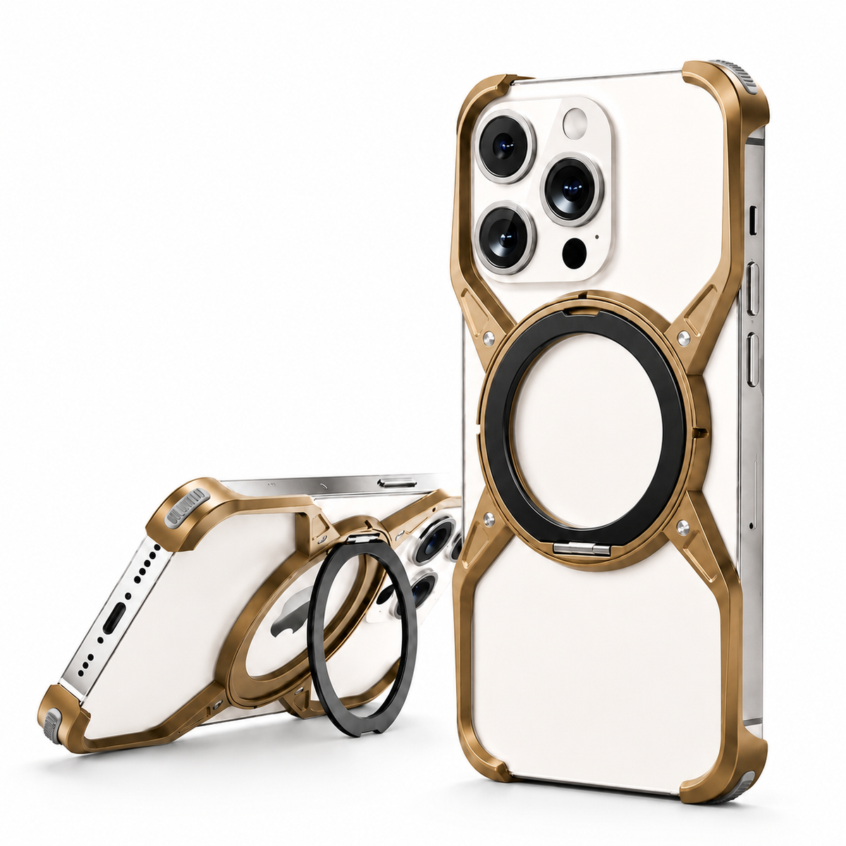 Premium iPhone Case MagSafe Compatible Aluminum Bumper 360° Rotating Ring Stand Shockproof Edge Protection Camera Lens Guard Slim Protective Cover Fit