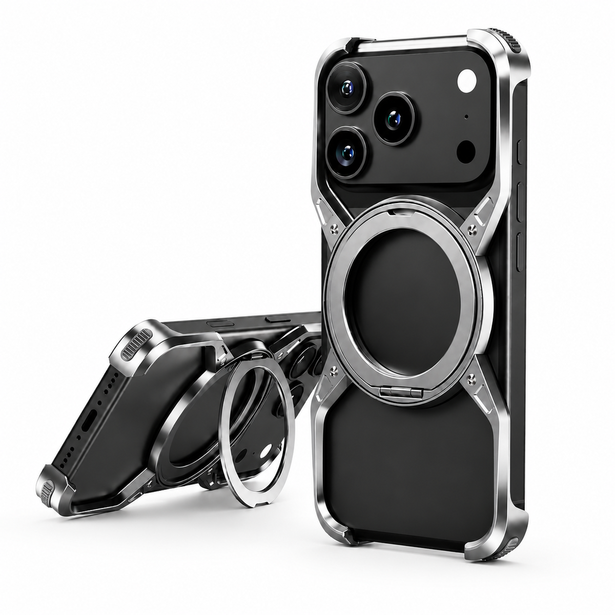 Premium iPhone Case MagSafe Compatible Aluminum Bumper 360° Rotating Ring Stand Shockproof Edge Protection Camera Lens Guard Slim Protective Cover Fit