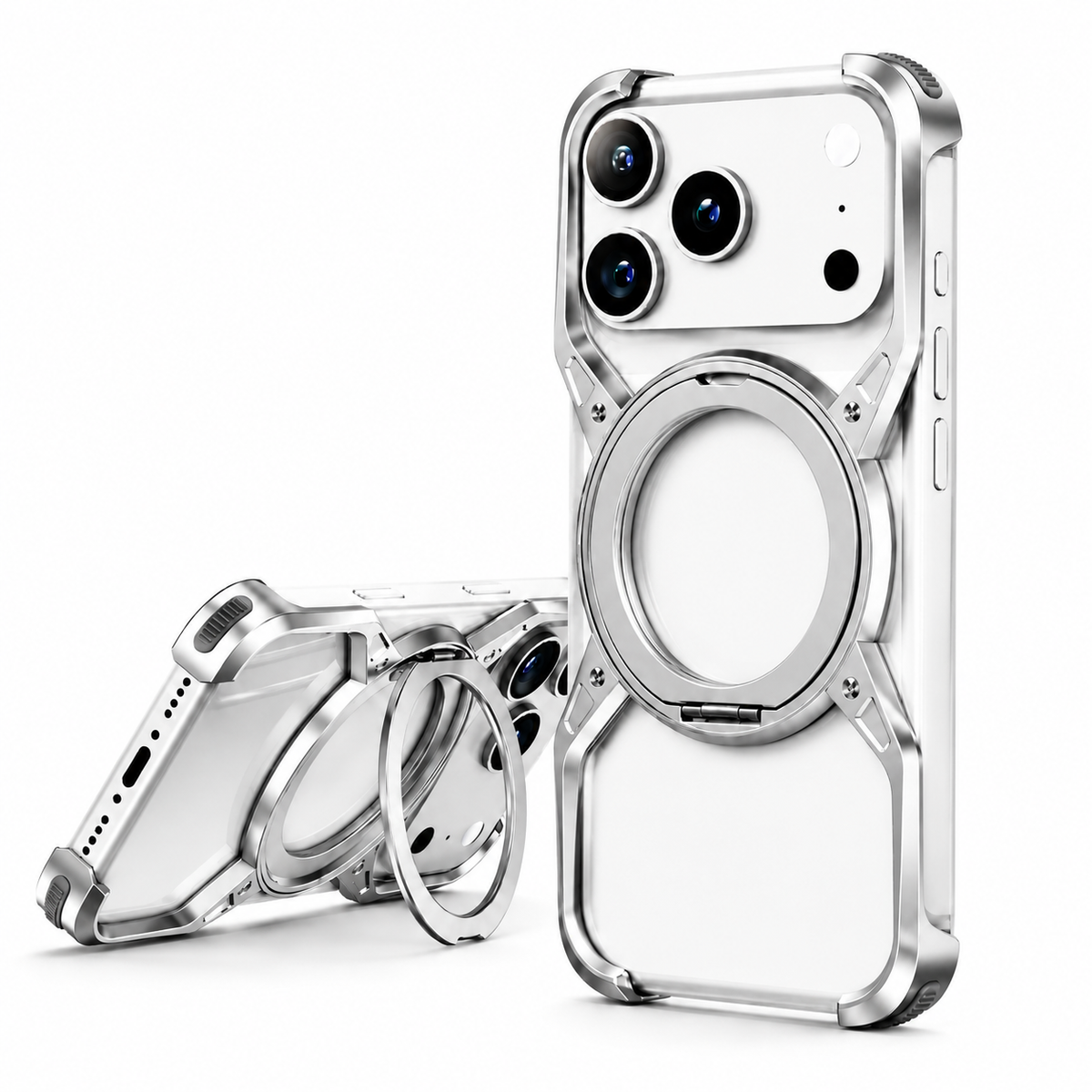 Premium iPhone Case MagSafe Compatible Aluminum Bumper 360° Rotating Ring Stand Shockproof Edge Protection Camera Lens Guard Slim Protective Cover Fit