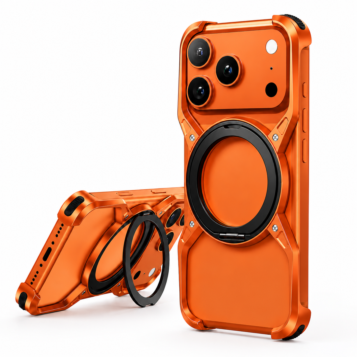 Premium iPhone Case MagSafe Compatible Aluminum Bumper 360° Rotating Ring Stand Shockproof Edge Protection Camera Lens Guard Slim Protective Cover Fit