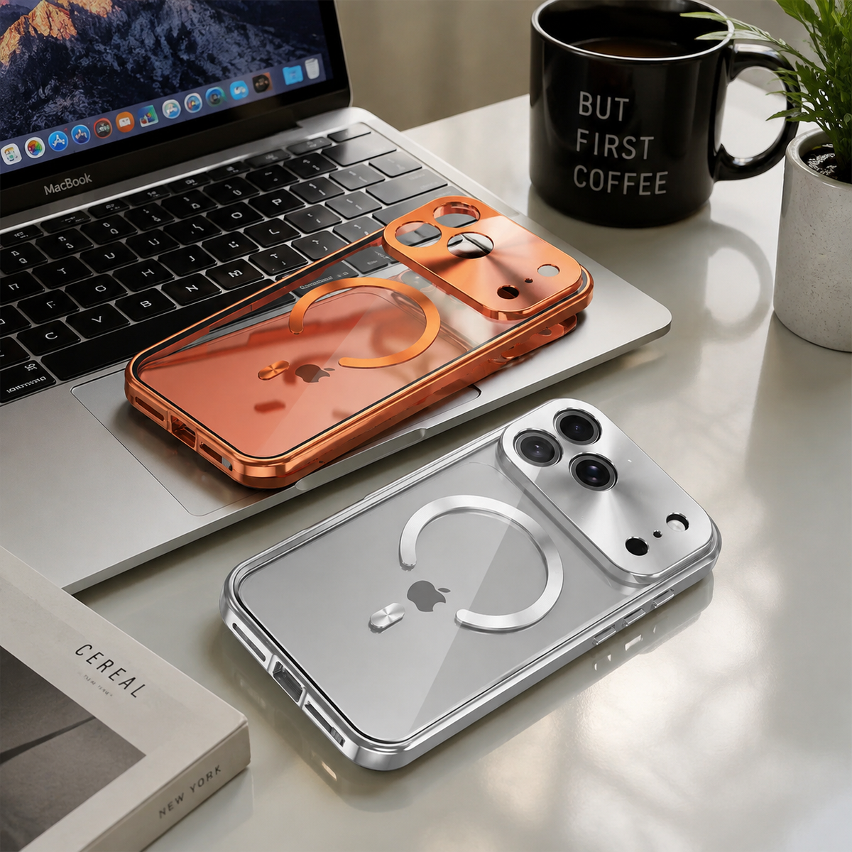 Premium iPhone Case MagSafe Compatible Aluminum Frame Privacy Screen Clear Back Shockproof Protective Cover Camera Lens Guard Anti Scratch Slim Design