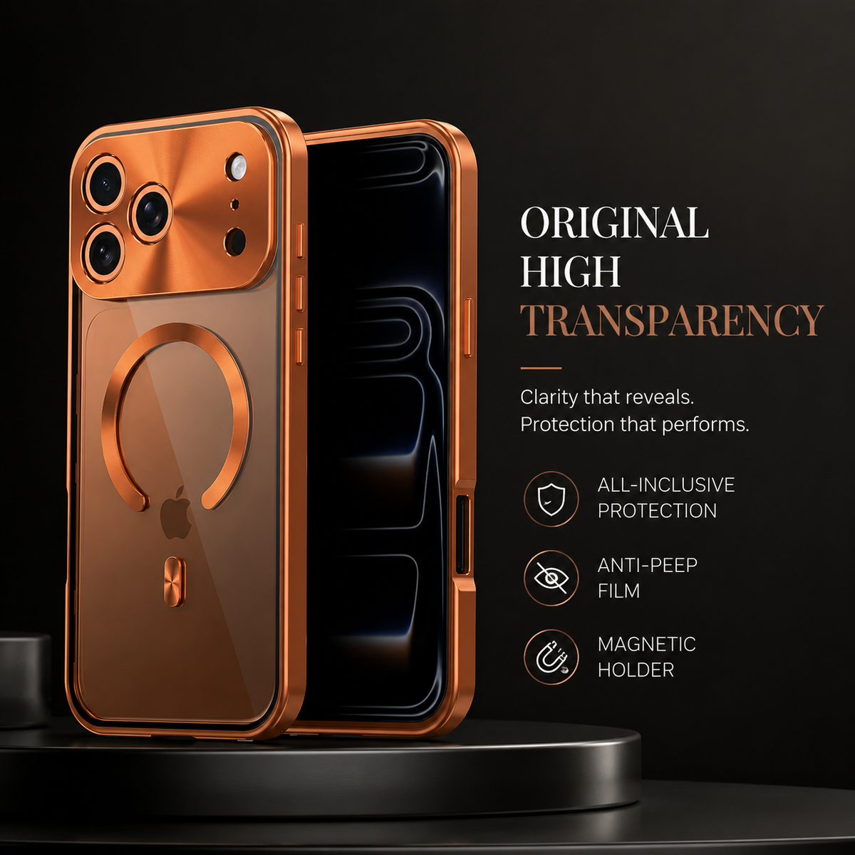 Premium iPhone Case MagSafe Compatible Aluminum Frame Privacy Screen Clear Back Shockproof Protective Cover Camera Lens Guard Anti Scratch Slim Design