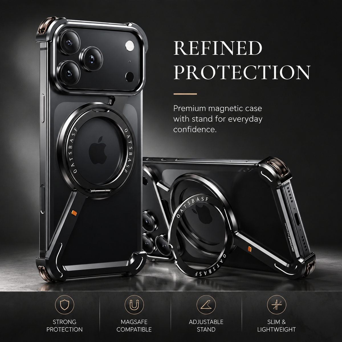 Premium iPhone Case MagSafe Compatible Aluminum Magnetic Frameless Shockproof Cover 360 Rotating Stand Ring Camera Lens Protection Slim Lightweight Design