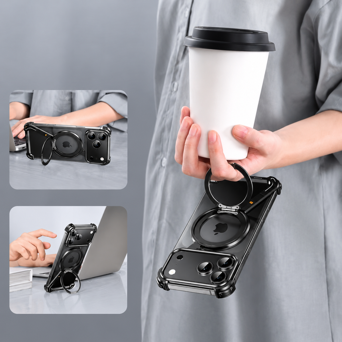 Premium iPhone Case MagSafe Compatible Aluminum Magnetic Frameless Shockproof Cover 360 Rotating Stand Ring Camera Lens Protection Slim Lightweight Design