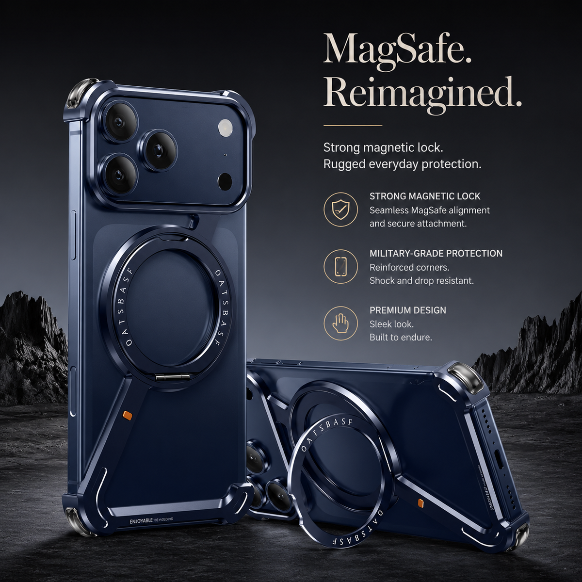 Premium iPhone Case MagSafe Compatible Aluminum Magnetic Frameless Shockproof Cover 360 Rotating Stand Ring Camera Lens Protection Slim Lightweight Design