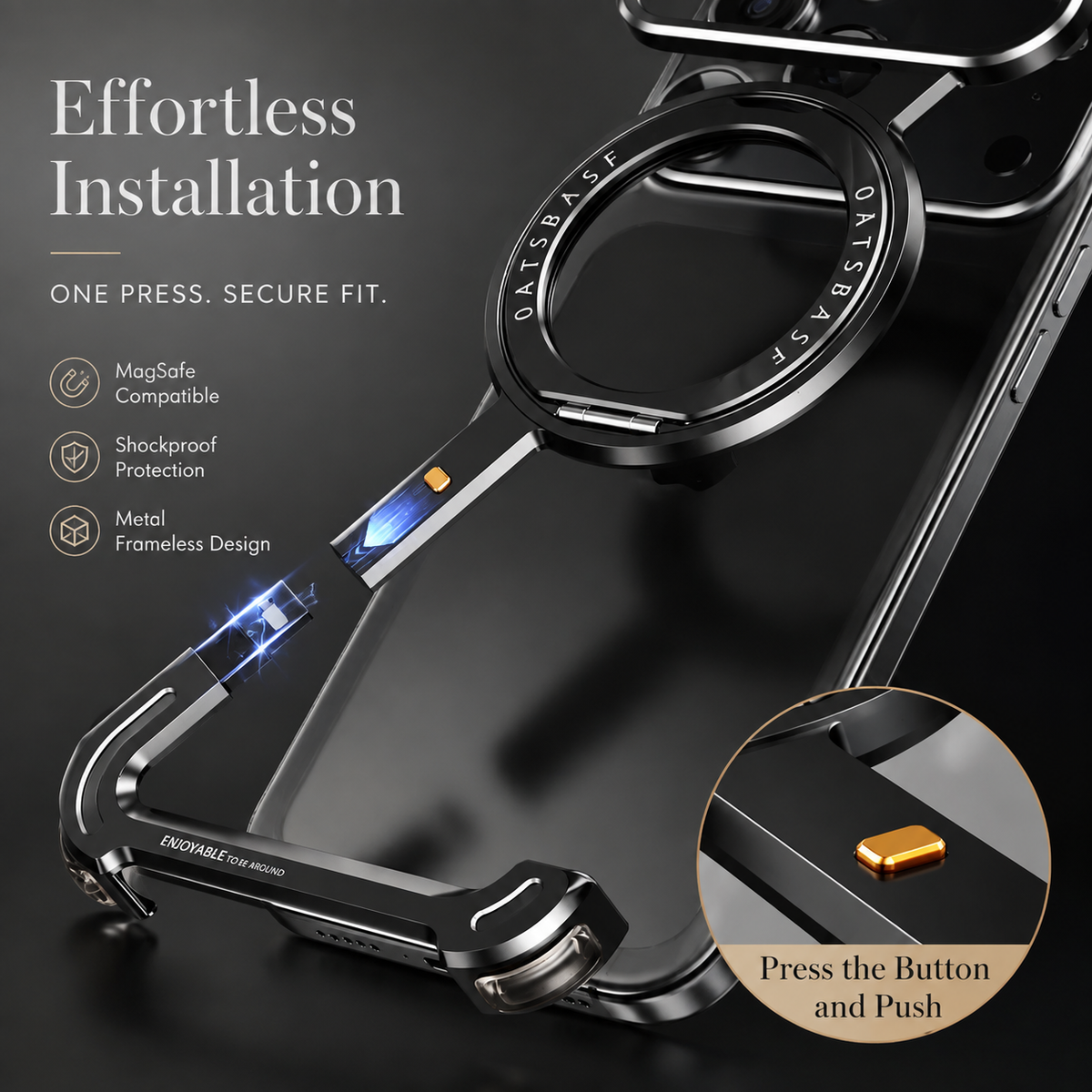 Premium iPhone Case MagSafe Compatible Aluminum Magnetic Frameless Shockproof Cover 360 Rotating Stand Ring Camera Lens Protection Slim Lightweight Design