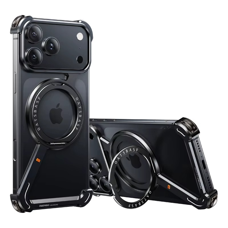 Premium iPhone Case MagSafe Compatible Aluminum Magnetic Frameless Shockproof Cover 360 Rotating Stand Ring Camera Lens Protection Slim Lightweight Design