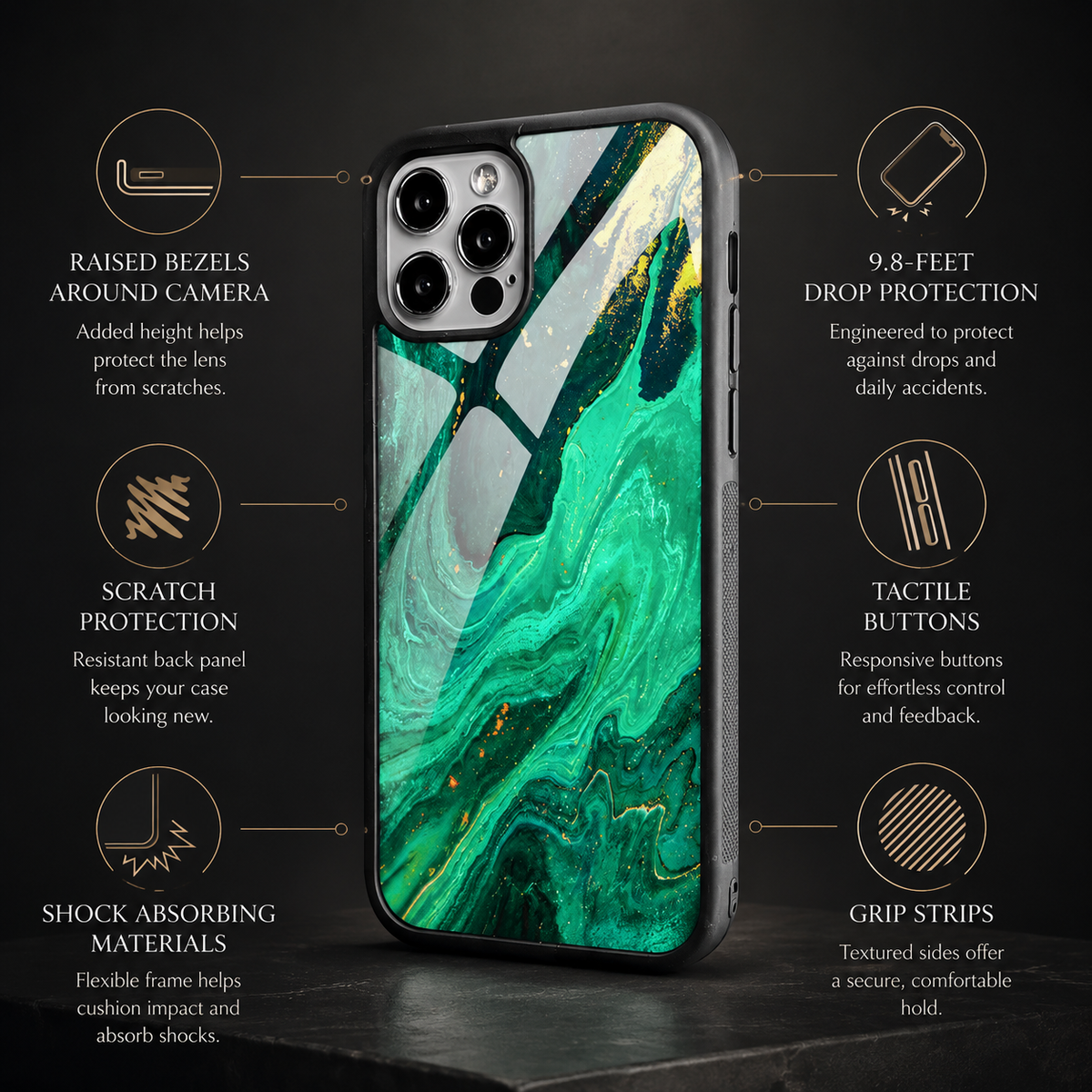 Premium iPhone Case MagSafe Compatible Black Marble Texture Shockproof Protective Cover Gold Edge Camera Lens Protection 3D Grip Slim Design