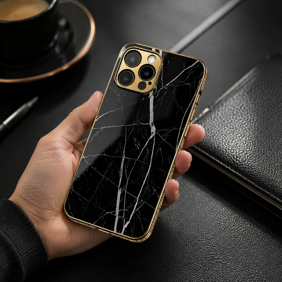 Premium iPhone Case MagSafe Compatible Black Marble Texture Shockproof Protective Cover Gold Edge Camera Lens Protection 3D Grip Slim Design