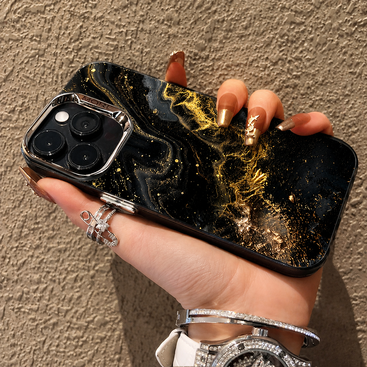 Premium iPhone Case MagSafe Compatible Black Marble Texture Shockproof Protective Cover Gold Edge Camera Lens Protection 3D Grip Slim Design