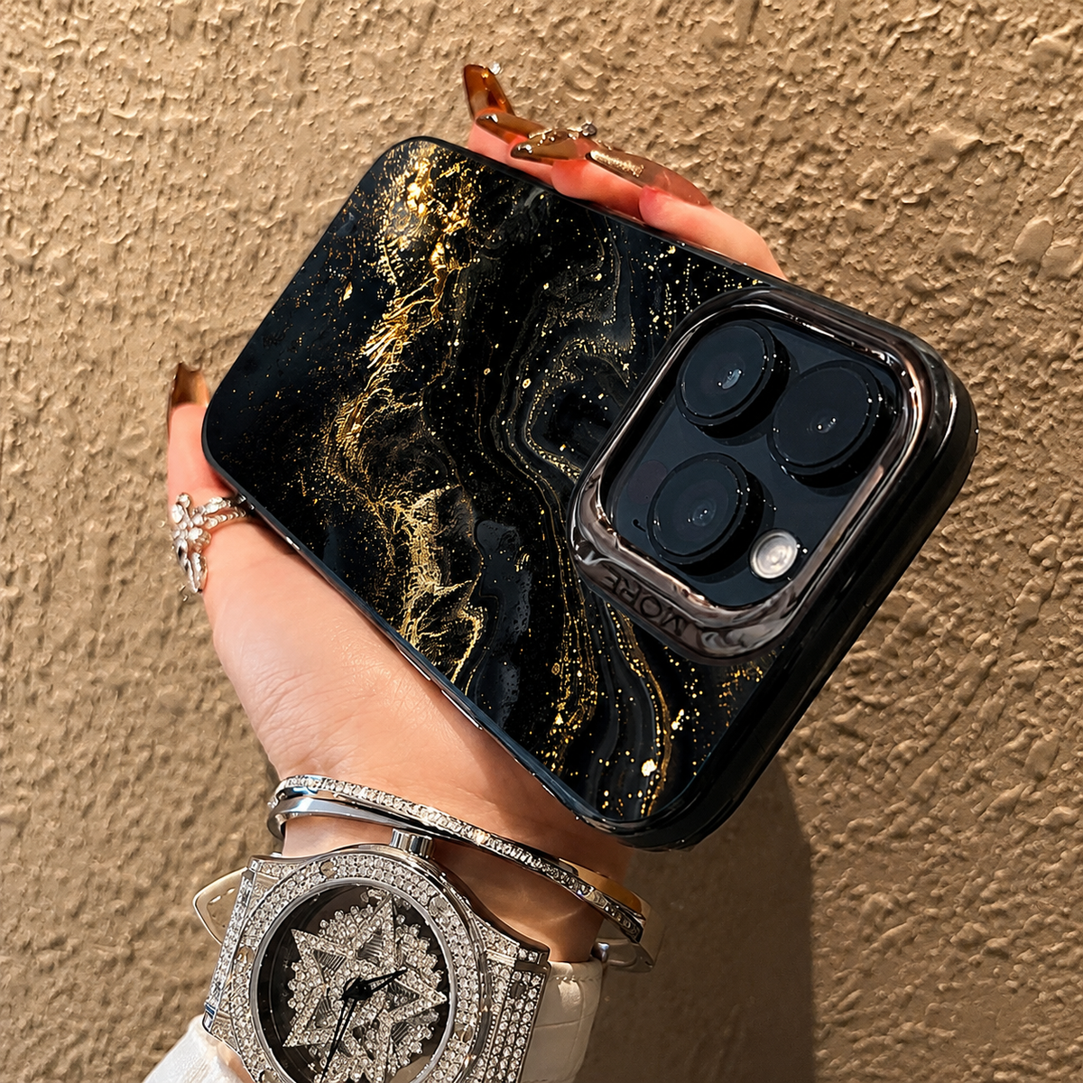 Premium iPhone Case MagSafe Compatible Black Marble Texture Shockproof Protective Cover Gold Edge Camera Lens Protection 3D Grip Slim Design