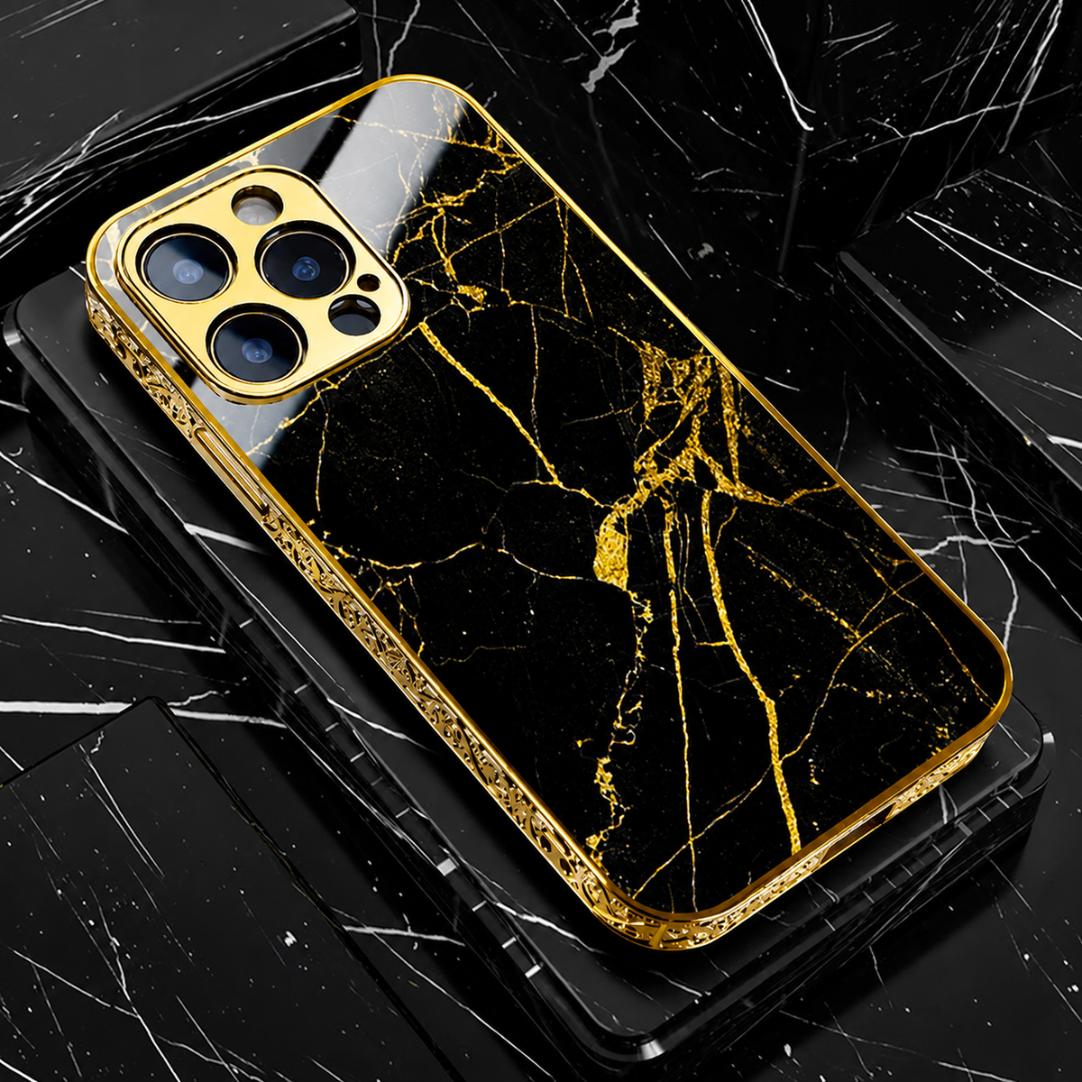 Premium iPhone Case MagSafe Compatible Black Marble Texture Shockproof Protective Cover Gold Edge Camera Lens Protection 3D Grip Slim Design