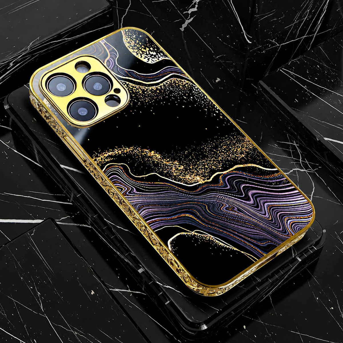 Premium iPhone Case MagSafe Compatible Black Marble Texture Shockproof Protective Cover Gold Edge Camera Lens Protection 3D Grip Slim Design