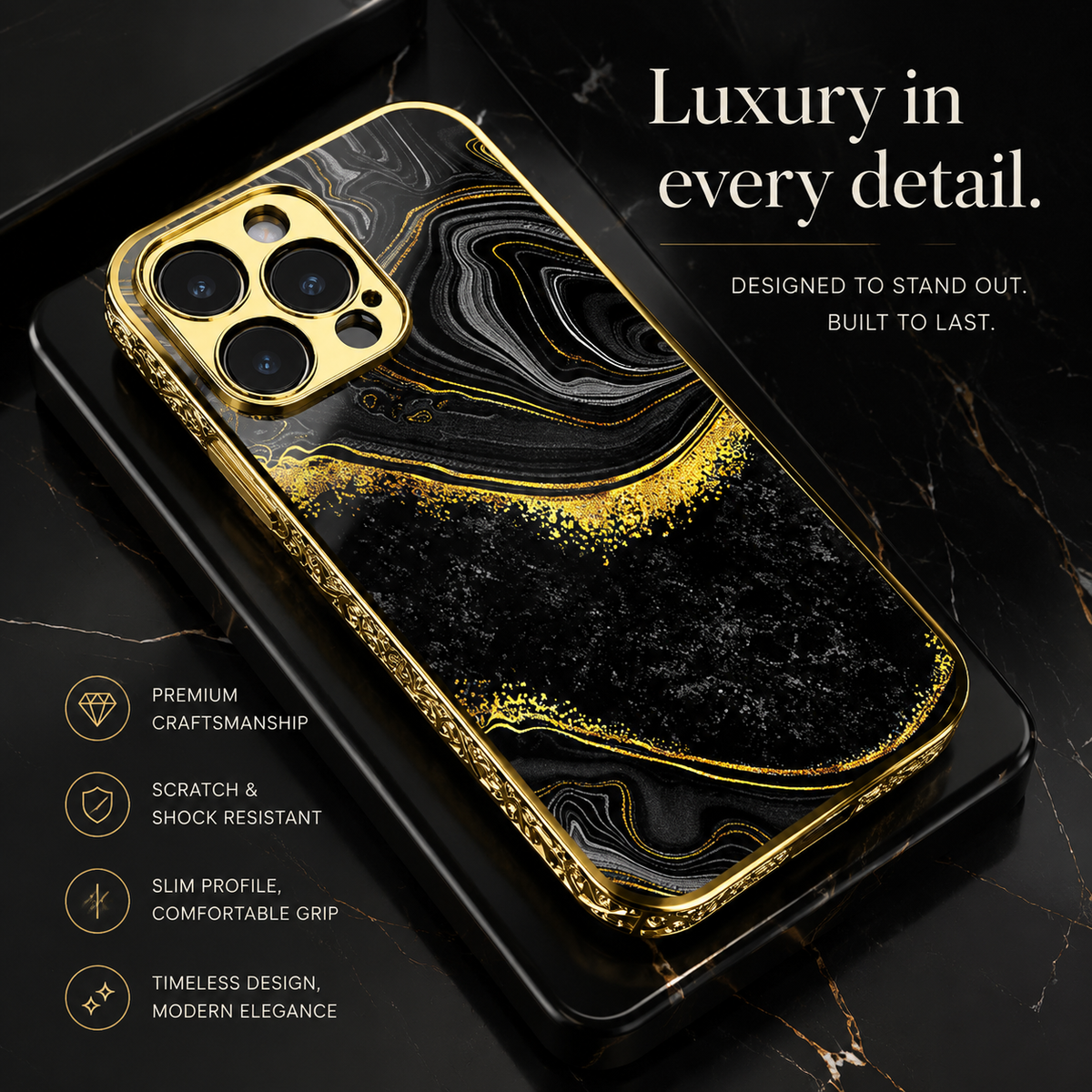 Premium iPhone Case MagSafe Compatible Black Marble Texture Shockproof Protective Cover Gold Edge Camera Lens Protection 3D Grip Slim Design