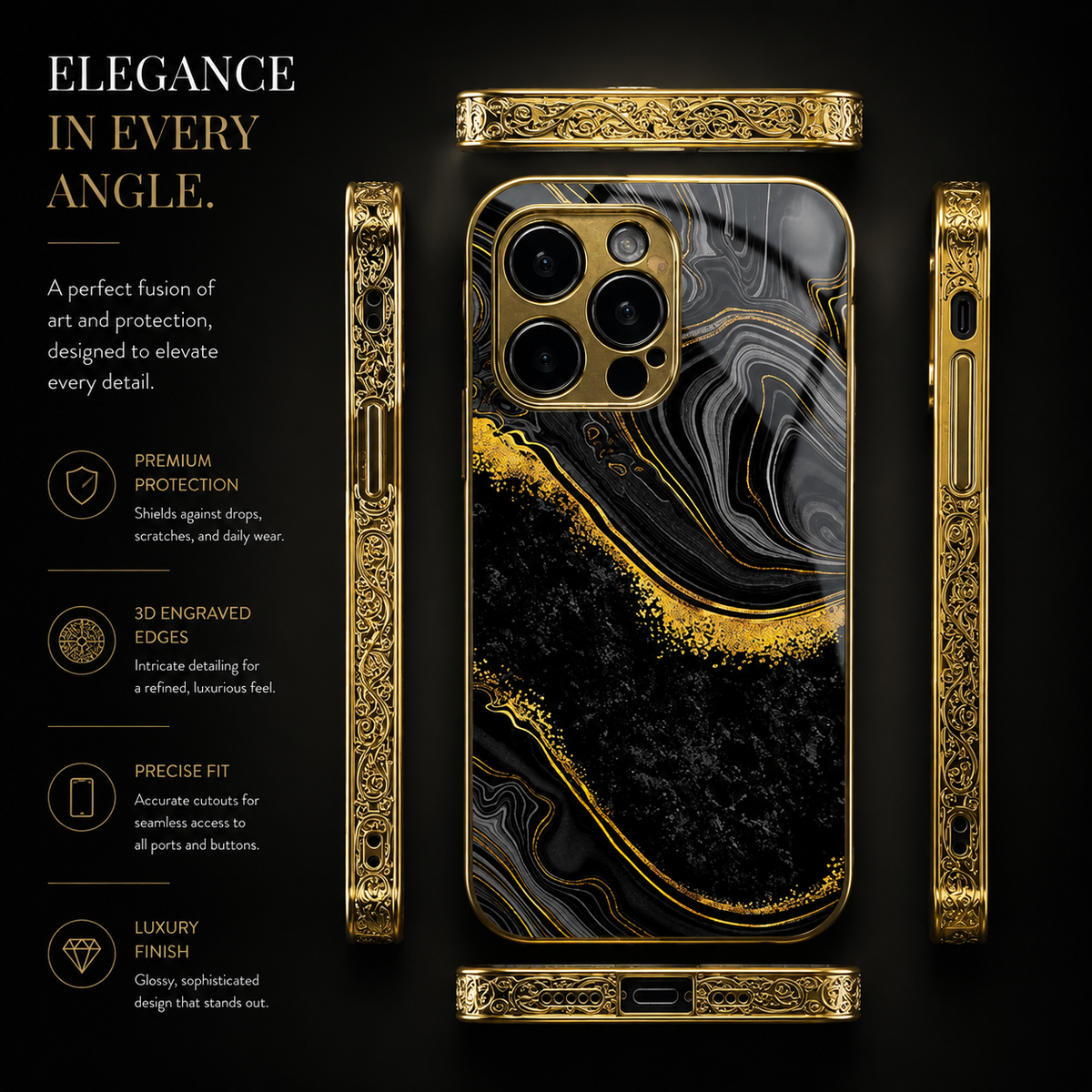 Premium iPhone Case MagSafe Compatible Black Marble Texture Shockproof Protective Cover Gold Edge Camera Lens Protection 3D Grip Slim Design