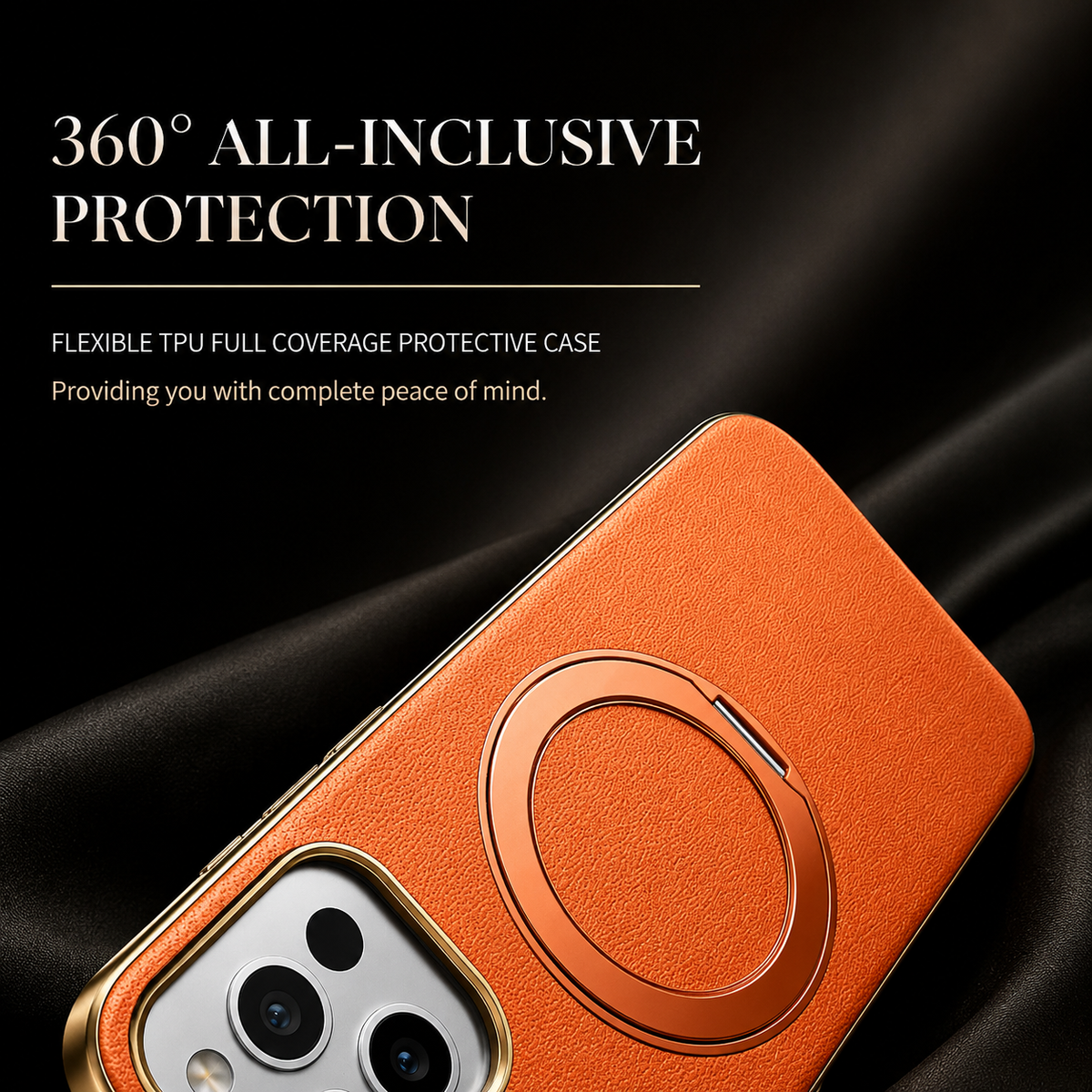 Premium iPhone Case MagSafe Compatible Cowhide Leather 360° Rotating Ring Holder Full Camera Protection Shockproof PC TPU Anti Scratch Slim Cover