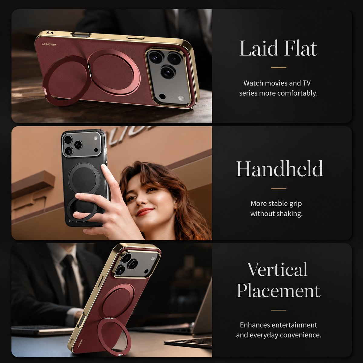 Premium iPhone Case MagSafe Compatible Cowhide Leather 360° Rotating Ring Holder Full Camera Protection Shockproof PC TPU Anti Scratch Slim Cover