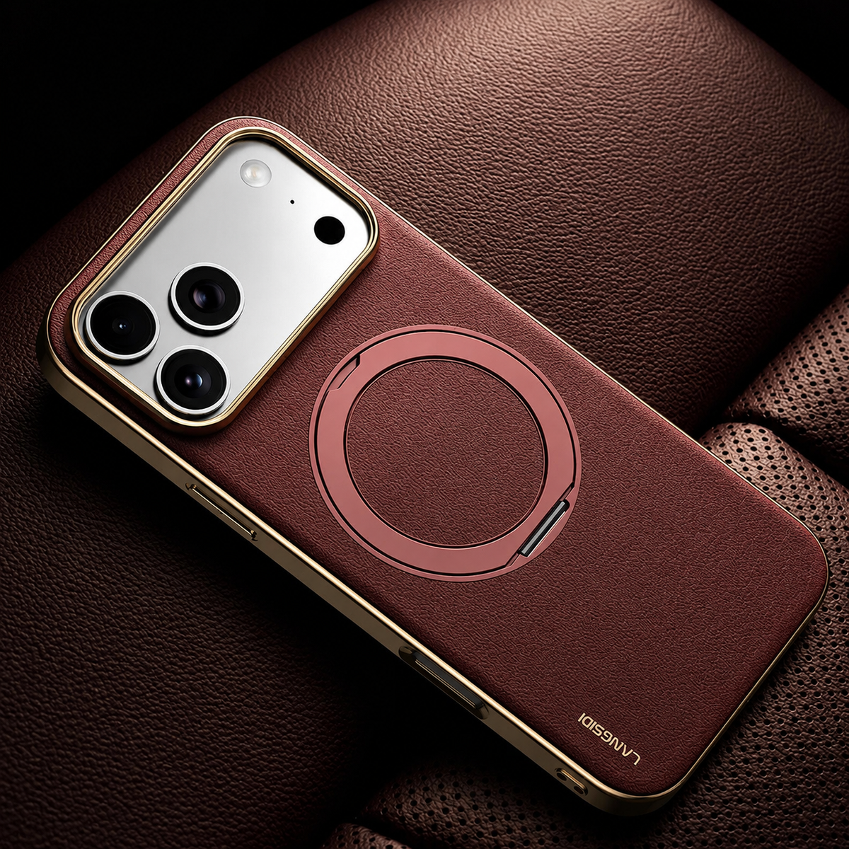 Premium iPhone Case MagSafe Compatible Cowhide Leather 360° Rotating Ring Holder Full Camera Protection Shockproof PC TPU Anti Scratch Slim Cover