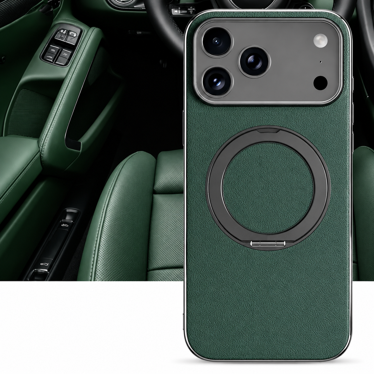 Premium iPhone Case MagSafe Compatible Cowhide Leather 360° Rotating Ring Holder Full Camera Protection Shockproof PC TPU Anti Scratch Slim Cover