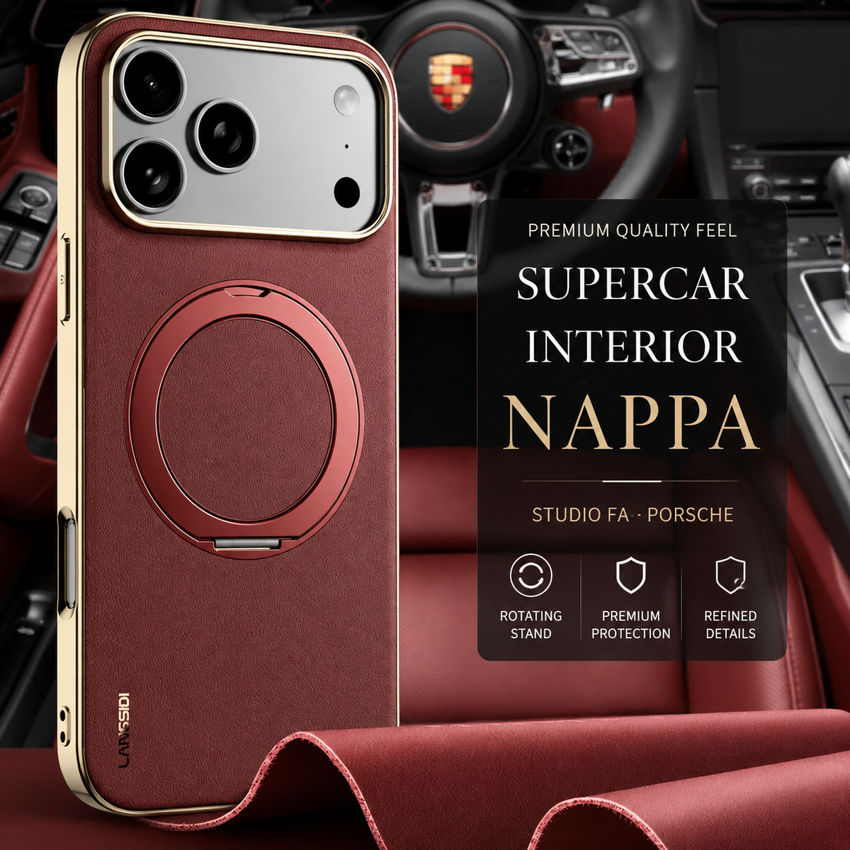 Premium iPhone Case MagSafe Compatible Cowhide Leather 360° Rotating Ring Holder Full Camera Protection Shockproof PC TPU Anti Scratch Slim Cover