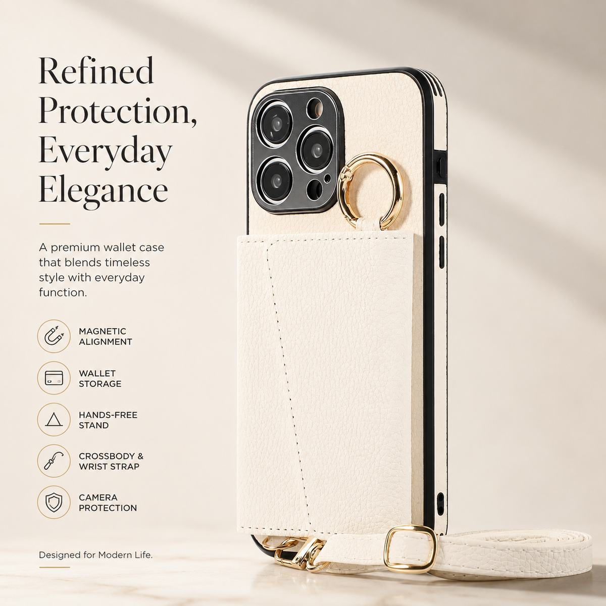 Premium iPhone Case MagSafe Compatible Crossbody Wallet PU Leather Card Holder Ring Stand Strap Shockproof Protective Cover Slim Full Coverage Design