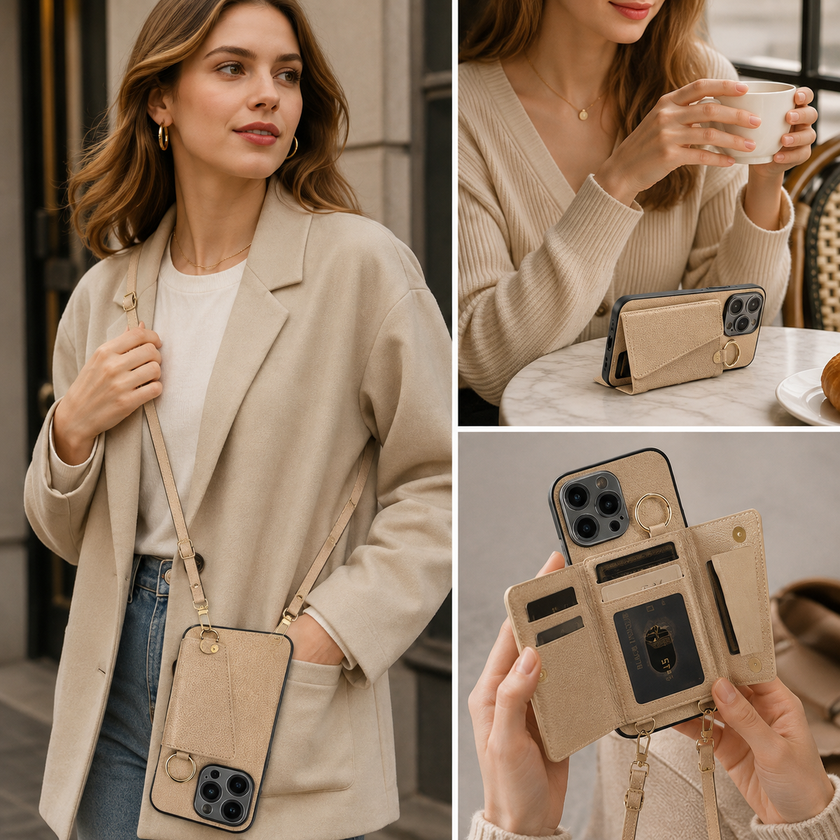 Premium iPhone Case MagSafe Compatible Crossbody Wallet PU Leather Card Holder Ring Stand Strap Shockproof Protective Cover Slim Full Coverage Design