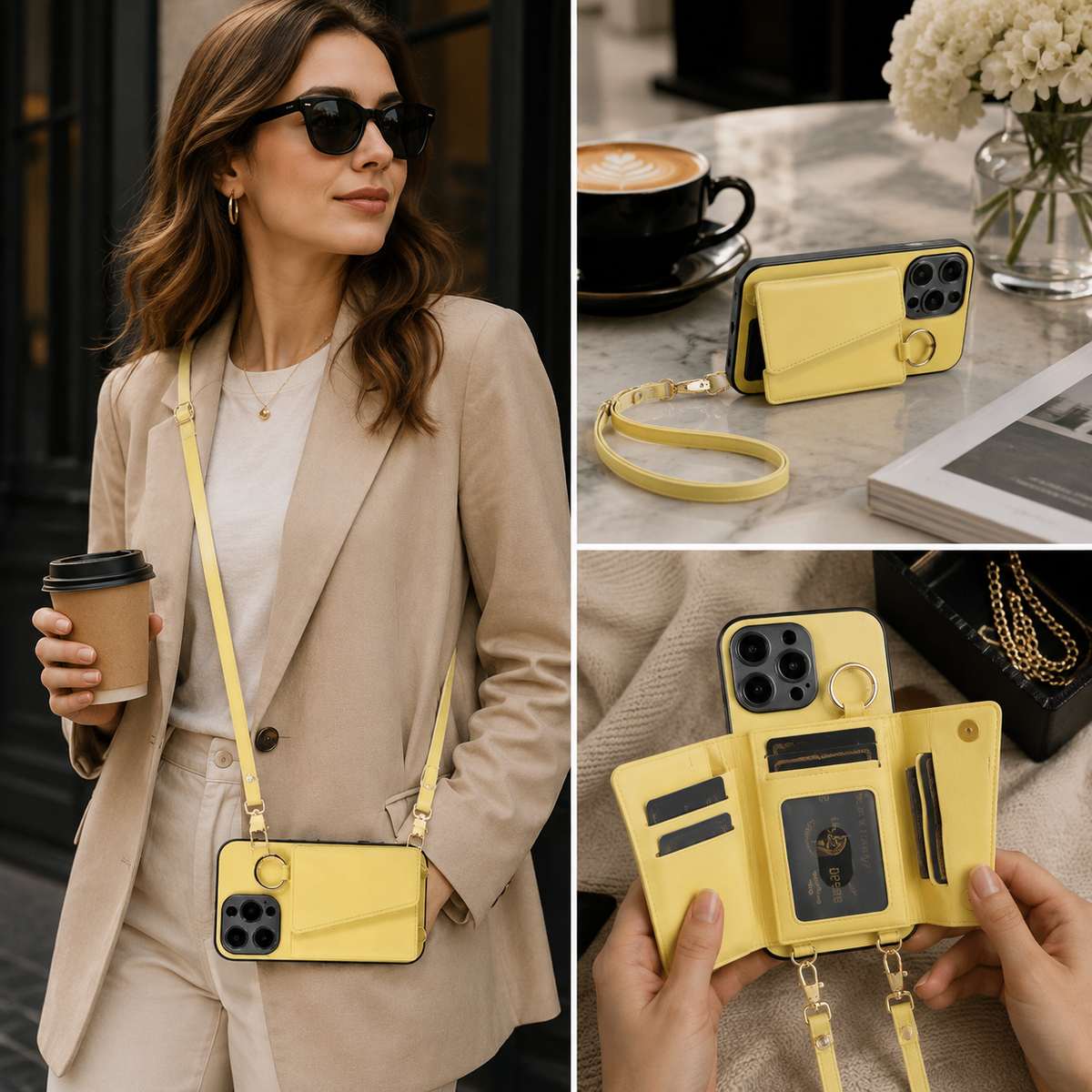 Premium iPhone Case MagSafe Compatible Crossbody Wallet PU Leather Card Holder Ring Stand Strap Shockproof Protective Cover Slim Full Coverage Design