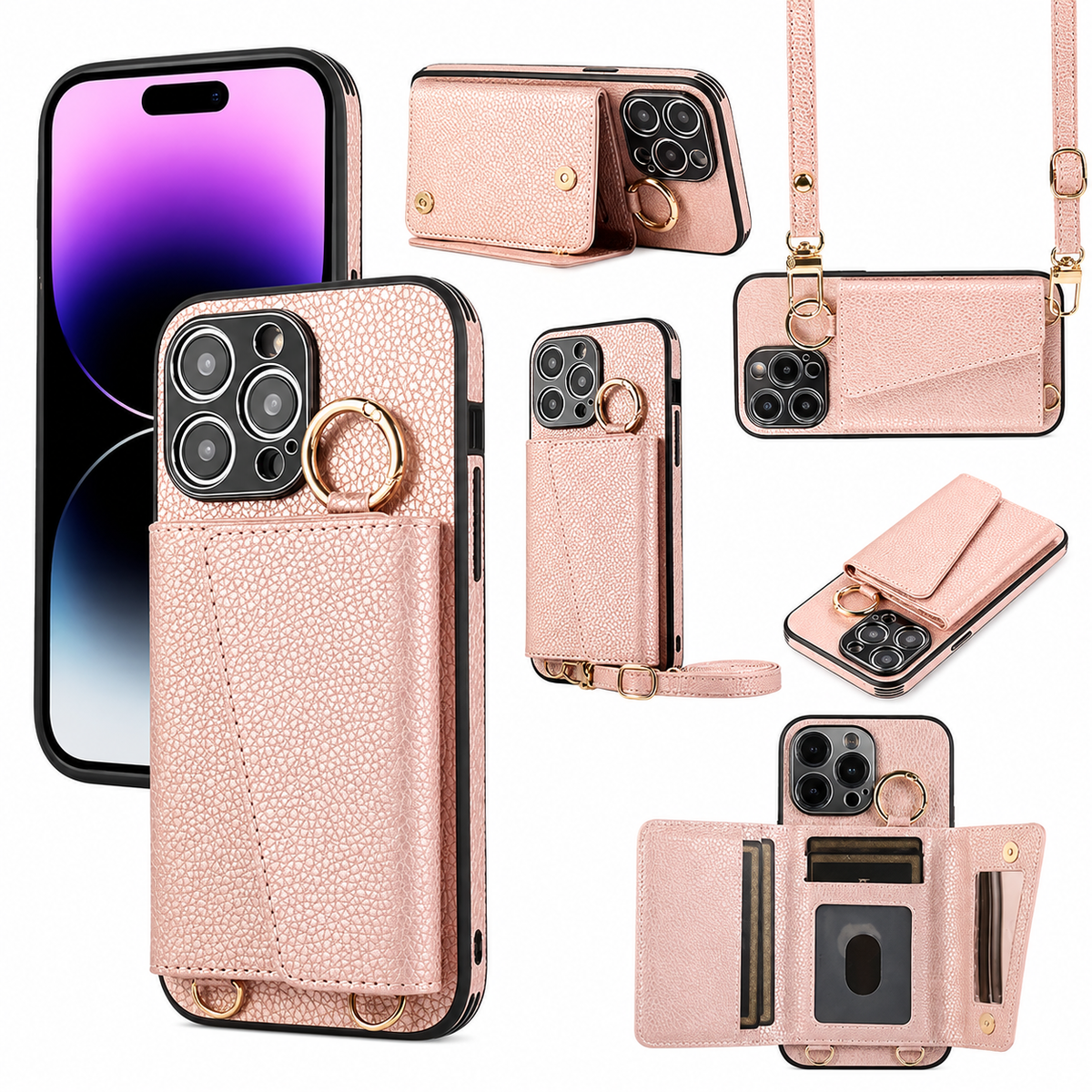 Premium iPhone Case MagSafe Compatible Crossbody Wallet PU Leather Card Holder Ring Stand Strap Shockproof Protective Cover Slim Full Coverage Design