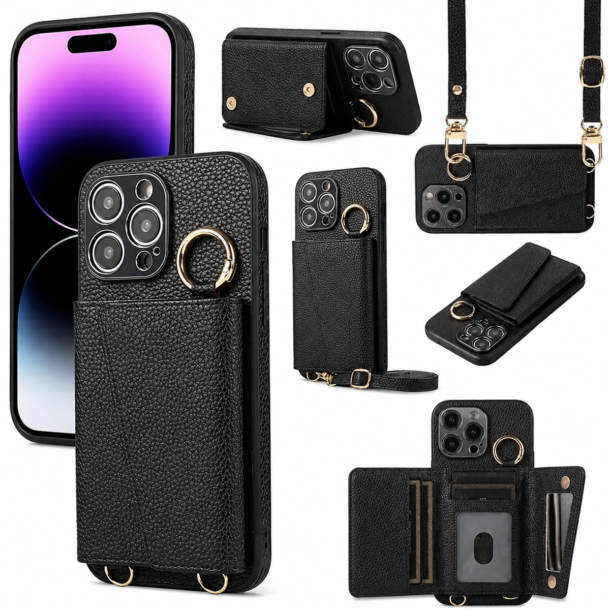 Premium iPhone Case MagSafe Compatible Crossbody Wallet PU Leather Card Holder Ring Stand Strap Shockproof Protective Cover Slim Full Coverage Design