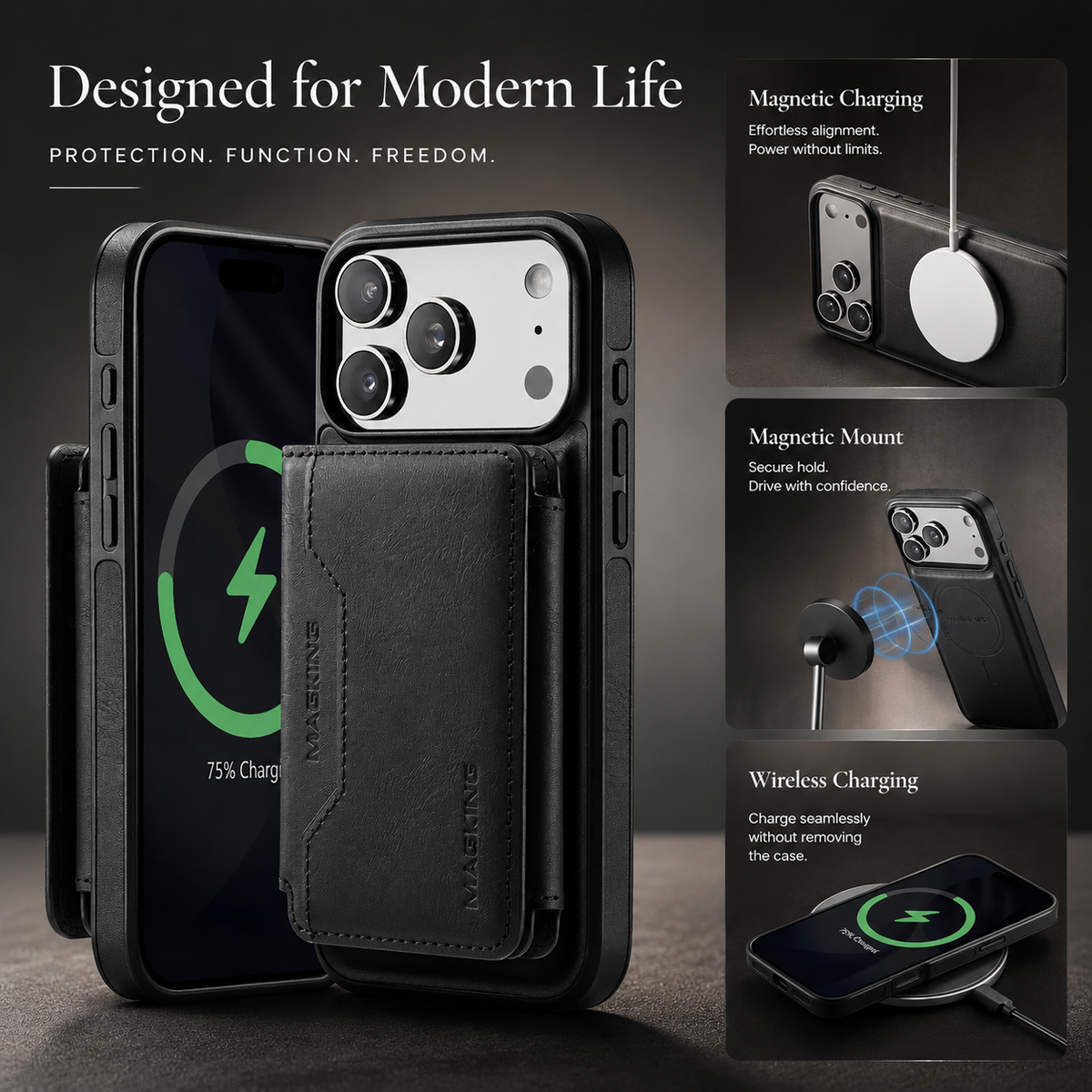 Premium iPhone Case MagSafe Compatible Detachable PU Leather Wallet Card Holder Magnetic Shockproof Anti Scratch Anti-Fingerprint Slim Safe Fit Covers Design