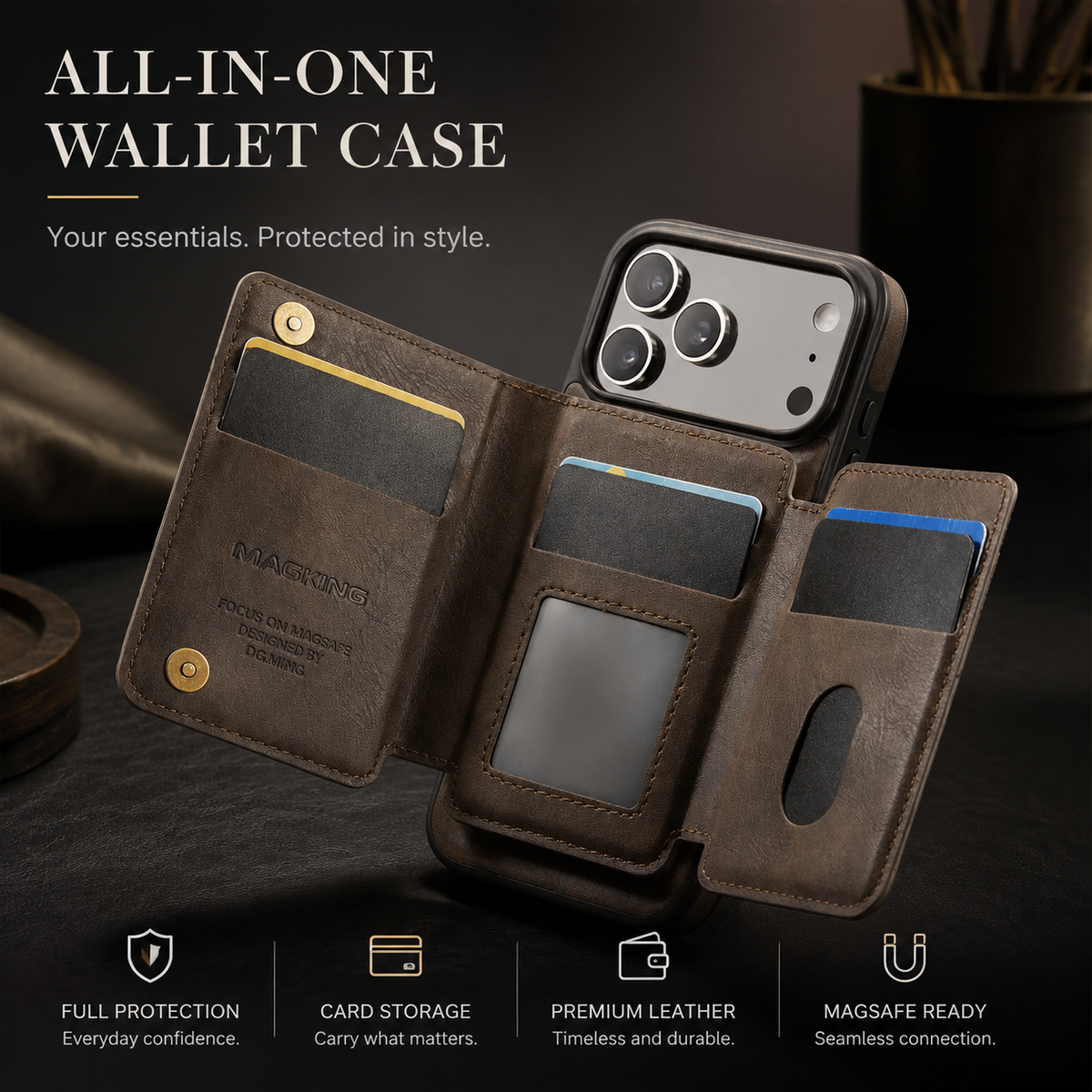Premium iPhone Case MagSafe Compatible Detachable PU Leather Wallet Card Holder Magnetic Shockproof Anti Scratch Anti-Fingerprint Slim Safe Fit Covers Design