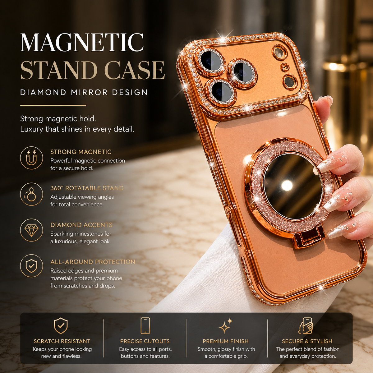 Premium iPhone Case MagSafe Compatible Diamond Mirror Glitter Clear Soft Cover Anti Scratch Anti Fingerprint Non Slip Shock Absorbing Protective Cover