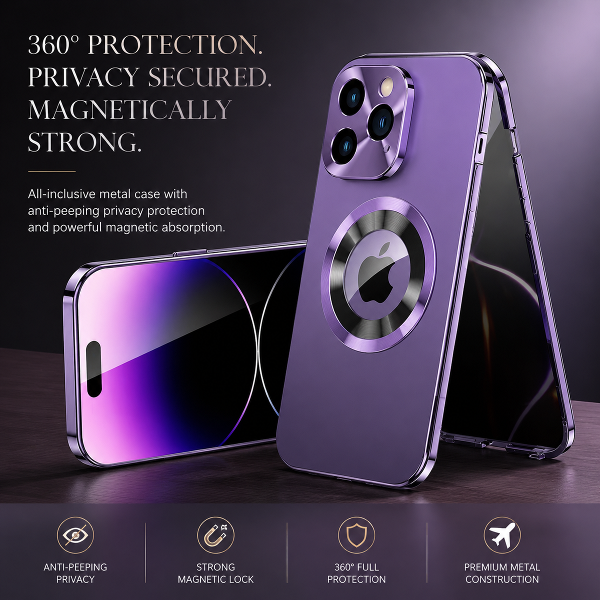 Premium iPhone Case MagSafe Compatible Double-Sided Tempered Glass Privacy Screen Metal Frame Shockproof Protective Cover 360 Full Body Camera Lens Protection Slim Design