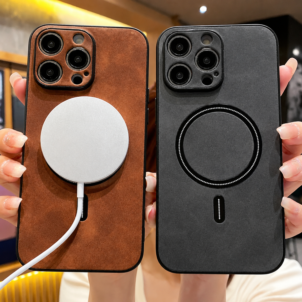 Premium iPhone Case MagSafe Compatible Genuine Leather Shockproof Protective Cover with Camera Lens Protection, Magnetic Ring and Slim Design